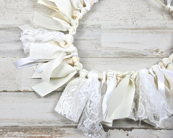 Farmhouse mini banner, Small antique white & ivory fabric garland, Boho chic nursery decor, Neutral baby shower party decorations Il_570xn