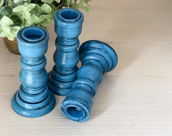 Rustic blue wood candlesticks, Coastal farmhouse short wooden candle holders, Vintage style wedding candle holder set decor