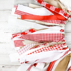 Barn red gingham party banner, Fabric farmers market high chair & backdrop decor, Country farmhouse buffalo check plaid mantel decorations