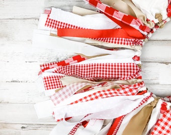 Barn red gingham party banner, Fabric farmers market high chair & backdrop decor, Country farmhouse buffalo check plaid mantel decorations