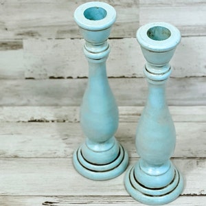 French country wooden candlesticks, Robin's egg blue candle holder set, Farmhouse mantel & shelf decor, Spring dining room table decorations image 2