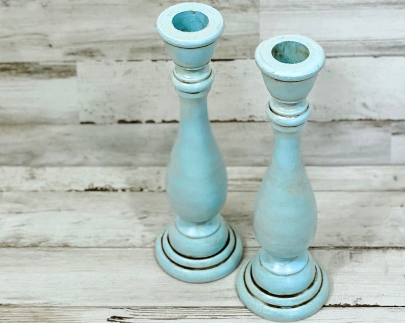French country wooden candlesticks, Robin's egg blue candle holder set, Farmhouse mantel & shelf decor, Spring dining room table decorations image 2