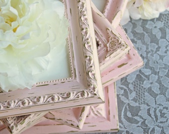 Ornate custom picture frame set, Pink & gold shabby distressed chic wood photo frames, Wooden wall gallery nursery decor baby gift ideas