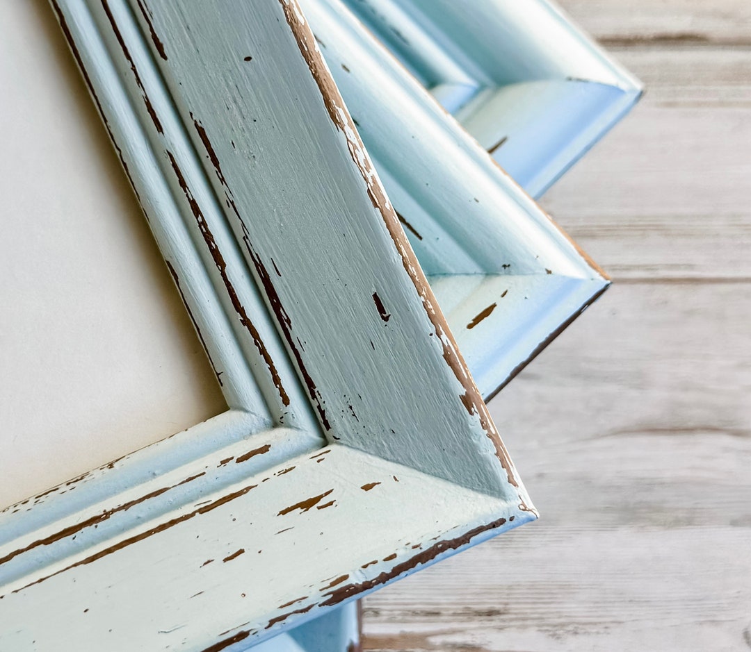 Coastal Sky Blue Wood Picture Frame Set, Distressed Wooden Photo Frames, Farmhouse Collage