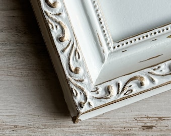 Cottage chic white & gold wood diploma frame, Distressed ornate wooden document picture frames, Traditional home office wall gallery decor