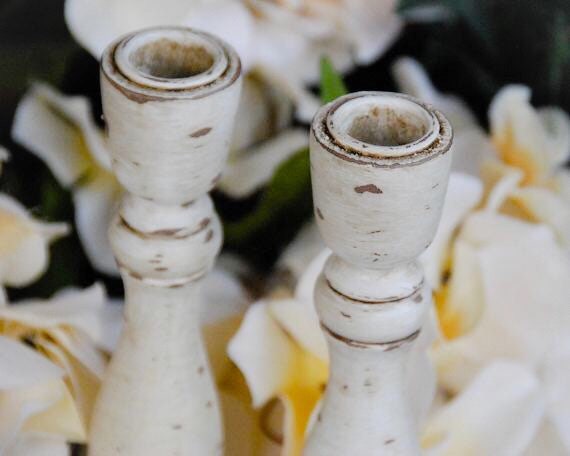 Distressed rustic painted wooden candlesticks, Antique white & brown country wood candle holder set, Neutral farmhouse home decor gift ideas Il_570xn