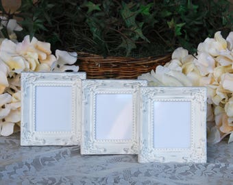 Ornate wedding decorations, Shabby chic picture frame set, 3 distressed small white frames, Table number holders, Reception sign decor