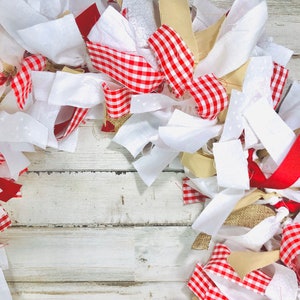 Red gingham fabric garland mantel decor, Country farmers market buffalo check plaid garlands, Christmas holiday party fireplace decorations