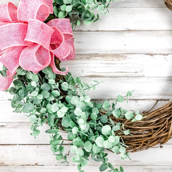 Decorative grapevine wreath, Farmhouse greenery wreath with pink burlap bow, Green spring front door decor, Housewarming gift ideas