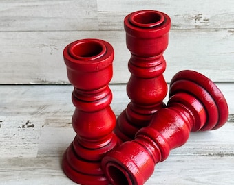 Rustic red wood candlesticks, Country farmhouse wooden candle holders, Holiday candle holder set home decor, Dining room table decorations