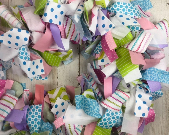 Rainbow fabric rag garland, Aqua blue & pink polka dot decorations, Bright fireplace mantel birthday party backdrop decor Il_570xn