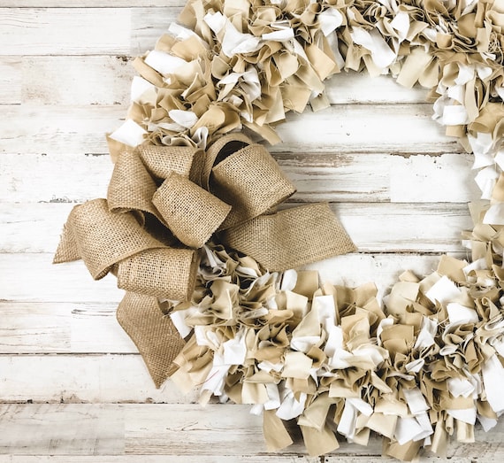 Rustic farmhouse wreath, White fabric & brown burlap decorative rag wreaths, Country entryway home decor, Housewarming gift ideas Il_570xn