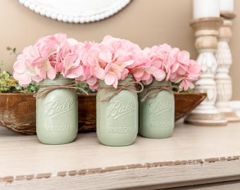 Sage green painted mason jars centerpiece, Cottagecore wedding reception table centerpieces, Boho bridal shower decor