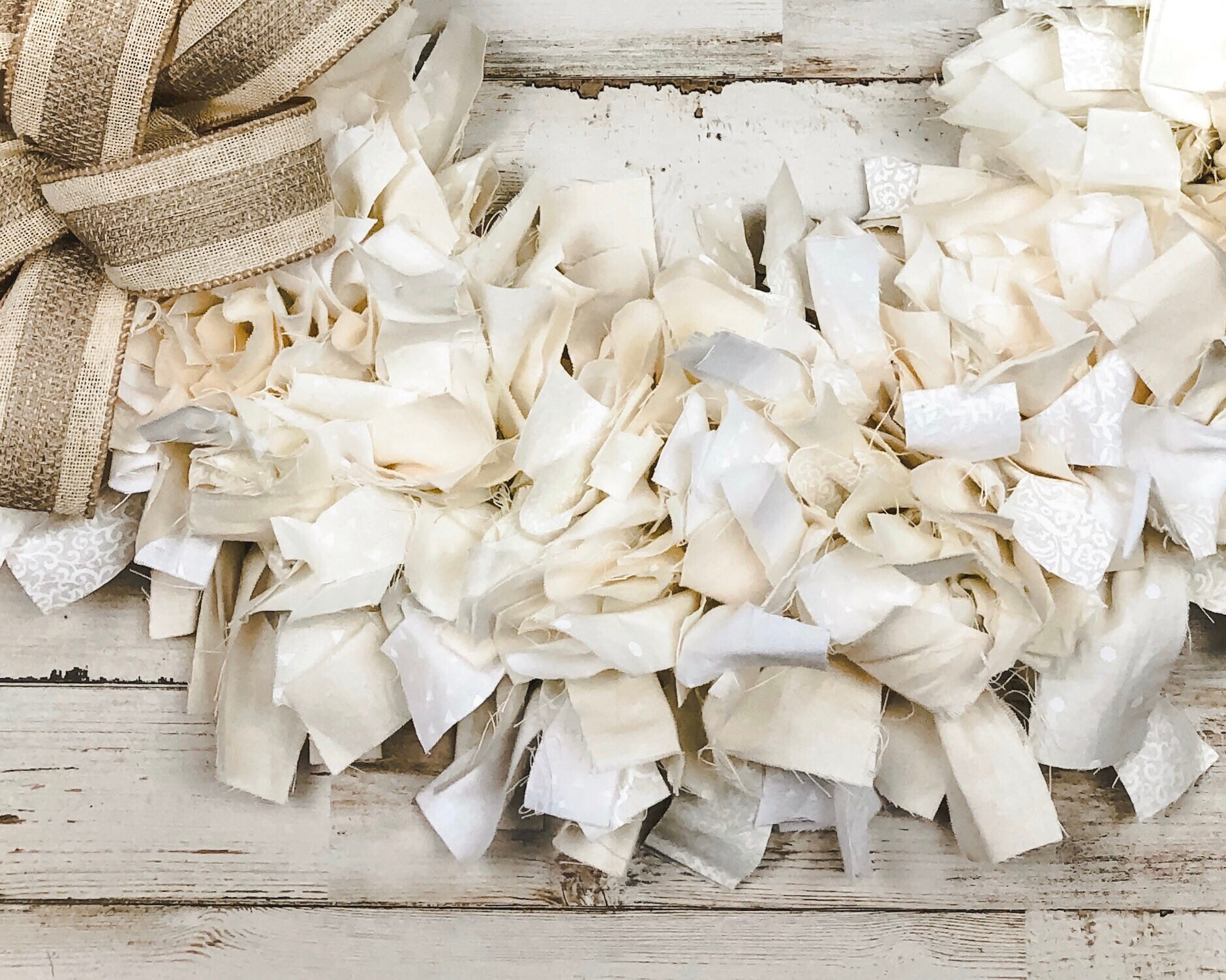 Farmhouse Rag Wreath, Antique White & Ivory Decorative Fabric Everyday ...