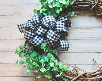 Farmhouse grapevine wreaths, Greenery wreath with black & white buffalo check plaid bow, Country front door decor, Housewarming gift ideas