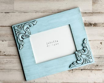 French country light blue ornate wood picture frame, Hand-painted embellished wooden 5x7 photo frames, Vintage style wedding gift ideas