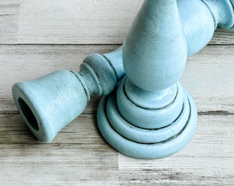 Light blue wood candlesticks, Wooden taper candle holder set, Coastal farmhouse candle holders, Table centerpiece decor