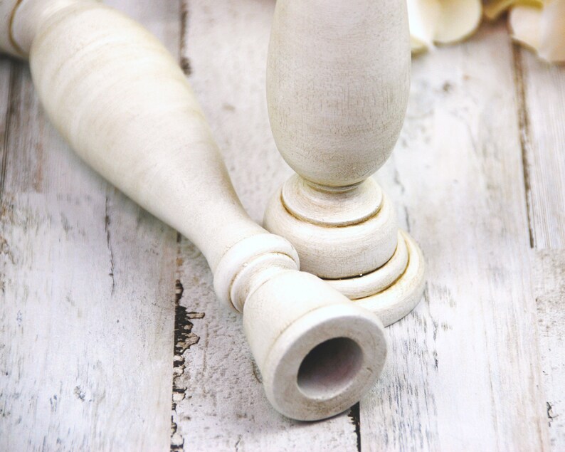 Rustic Antique White Wooden Candlesticks Shabby Farmhouse Image 0