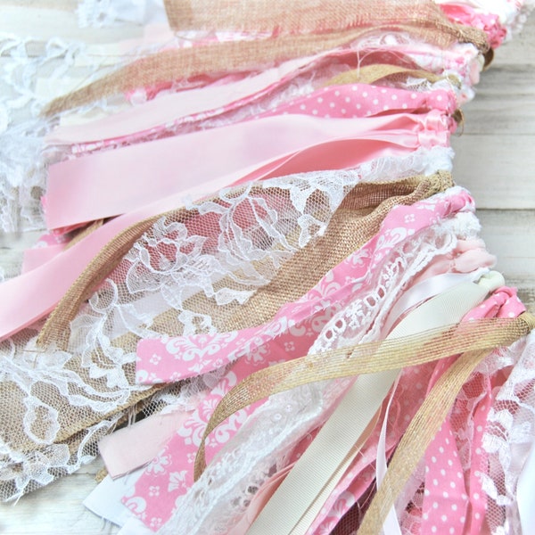 Pink fabric banner backdrop, Shabby lace bunting, Farmhouse chic nursery wall decor, Baby shower & birthday party mantel decorations