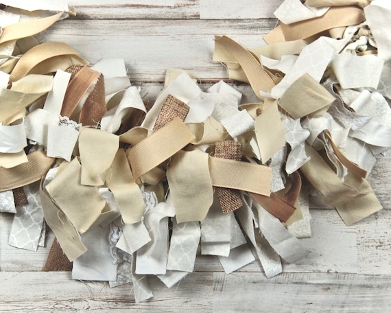 Rustic white & khaki tan rag garland, Farmhouse Christmas burlap ribbon fabric banner, Fireplace mantel decor, Country holiday decorations Il_570xn