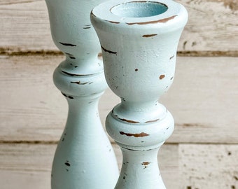 Distressed sky blue wooden candlesticks, Coastal farmhouse wood candle holders, Spa blue candle holder set, Beach house dining table decor