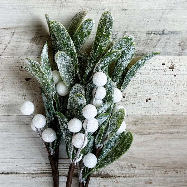 Frosted holiday mistletoe picks, Set of 3 faux winter white berry & greenery sprays, Christmas wedding floral wreath supplies