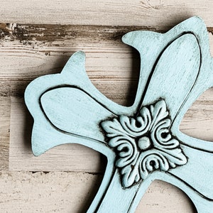 Light blue wood cross, Coastal farmhouse wall gallery wooden crosses, Religious entryway home decor, Christian beach house wall collage
