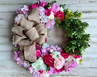 Fuchsia peony floral boxwood front door wreath, Artificial hydrangea & light pink rose wreaths, Cottage chic hot pink summer home decor