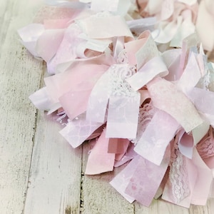 Blush pink ribbon garland, Fabric boho chic baby shower garland, Shabby fireplace mantel decor, Wedding backdrop decorations