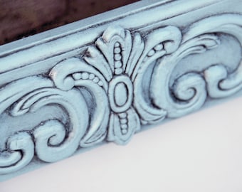 Light blue 5x7 wooden picture frame, Ornate wood photo frames, Coastal farmhouse bedroom wall gallery home decor, Wedding gift ideas