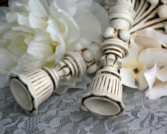 Shabby chic antique white candlesticks, French farmhouse painted ivory candle holder set decor, Ornate neutral dining room table decorations Il_570xn