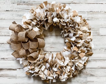 Rustic brown wreath, White & polka dot decorative fabric rag wreaths, Country farmhouse entryway front door decor, Neutral home decor
