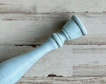 Light blue wooden taper candle holder, Coastal farmhouse wood candlestick, Dining room table centerpiece decor, Beach house home decor