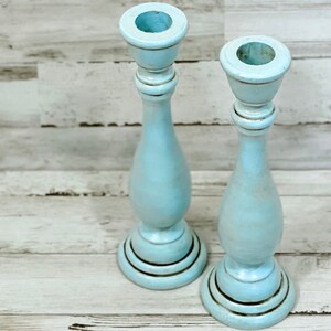 French country wooden candlesticks, Robin's egg blue candle holder set, Farmhouse mantel & shelf decor, Spring dining room table decorations image 4