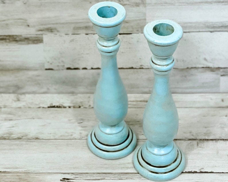 French country wooden candlesticks, Robin's egg blue candle holder set, Farmhouse mantel & shelf decor, Spring dining room table decorations image 4