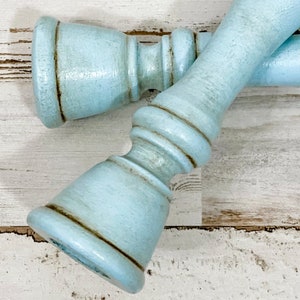 French country wooden candlesticks, Robin's egg blue candle holder set, Farmhouse mantel & shelf decor, Spring dining room table decorations image 1