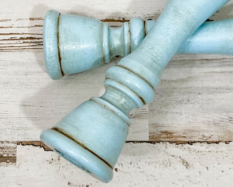 French country wooden candlesticks, Robin's egg blue candle holder set, Farmhouse mantel & shelf decor, Spring dining room table decorations image 1