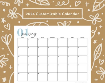 2024 Customizable 12-Month Printable Calendar- READ BELOW, 11 x 8.5 inches, Horizontal Printable Calendar, PDF Printable, Instant Download