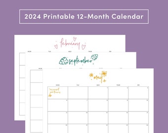 2024 Monday through Friday — 12-Month Printable Calendar, 11 x 8.5 inches, Horizontal Printable Calendar, PDF Printable, Instant Download