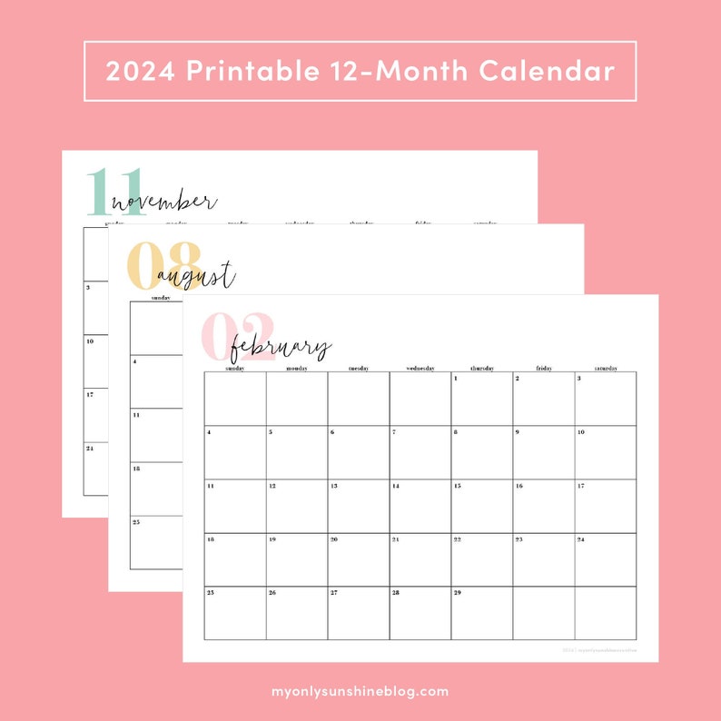 2024 Sunday Start 12-Month Printable Calendar, 11 x 8.5 inches, Horizontal Printable Calendar, PDF Printable, Instant Download image 1