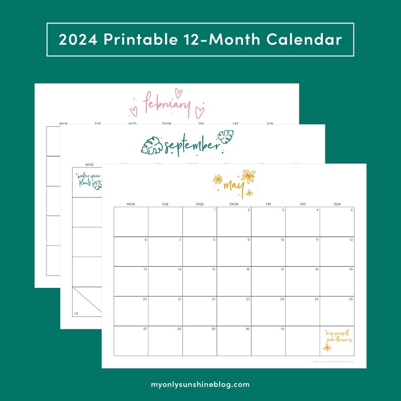 2024 Monday Start 12-Month Printable Calendar, 11 x 8.5 inches, Horizontal Printable Calendar, PDF Printable, Instant Download image 1
