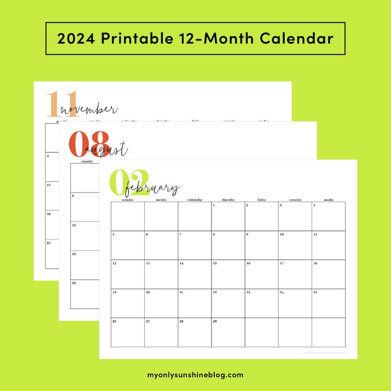 2024 Monday Start 12-Month Printable Calendar, 11 x 8.5 inches, Horizontal Printable Calendar, PDF Printable, Instant Download image 1