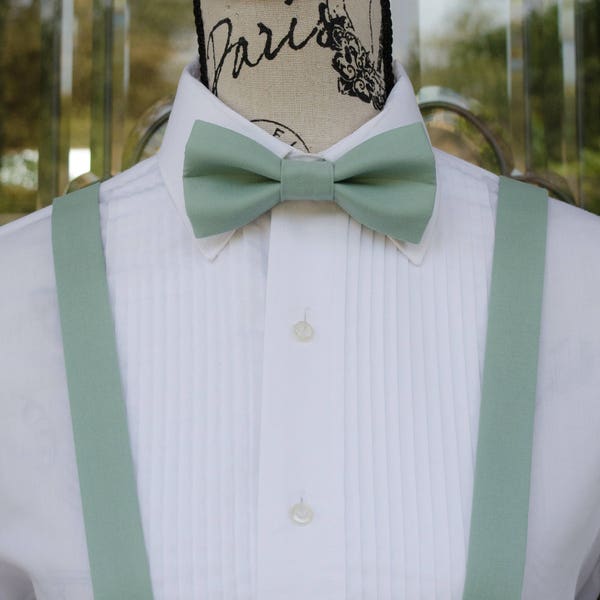 Dusty Jade/Shale Bow Tie & Suspender 38B (Child - Adult)  Weddings - Grooms - Groomsmen - Ring bearer - Grads - Graduation - Suspenders