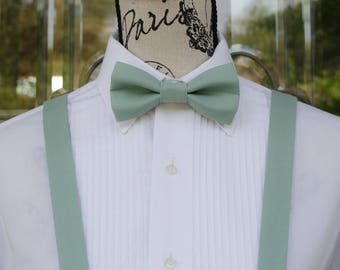 Dusty Jade/Shale Bow Tie & Suspender 38B (Child - Adult)  Weddings - Grooms - Groomsmen - Ring bearer - Grads - Graduation - Suspenders