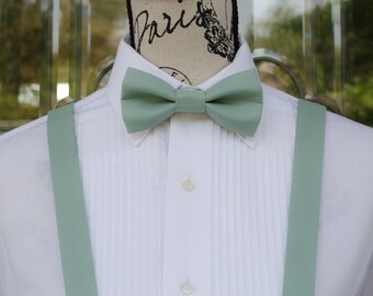 Dusty Jade/Shale Bow Tie & Suspender 38B (Child - Adult)  Weddings - Grooms - Groomsmen - Ring bearer - Grads - Graduation - Suspenders