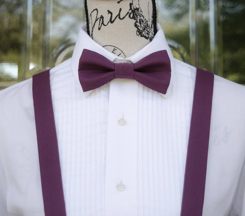 Eggplant Bow Tie & Suspender Eggplant 205B Child Adult Weddings Groom Groomsmen Graduation Prom Suspenders Mens Fashion image 1