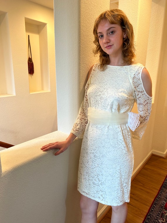 Ivory Lace Cold Shoulder Dress - Romantic Sheer Fabric, Size L