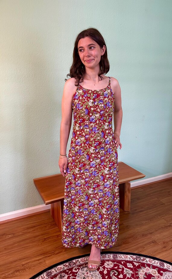 Vintage Burgundy Floral Beaded Maxi Slip Dress - Size XS