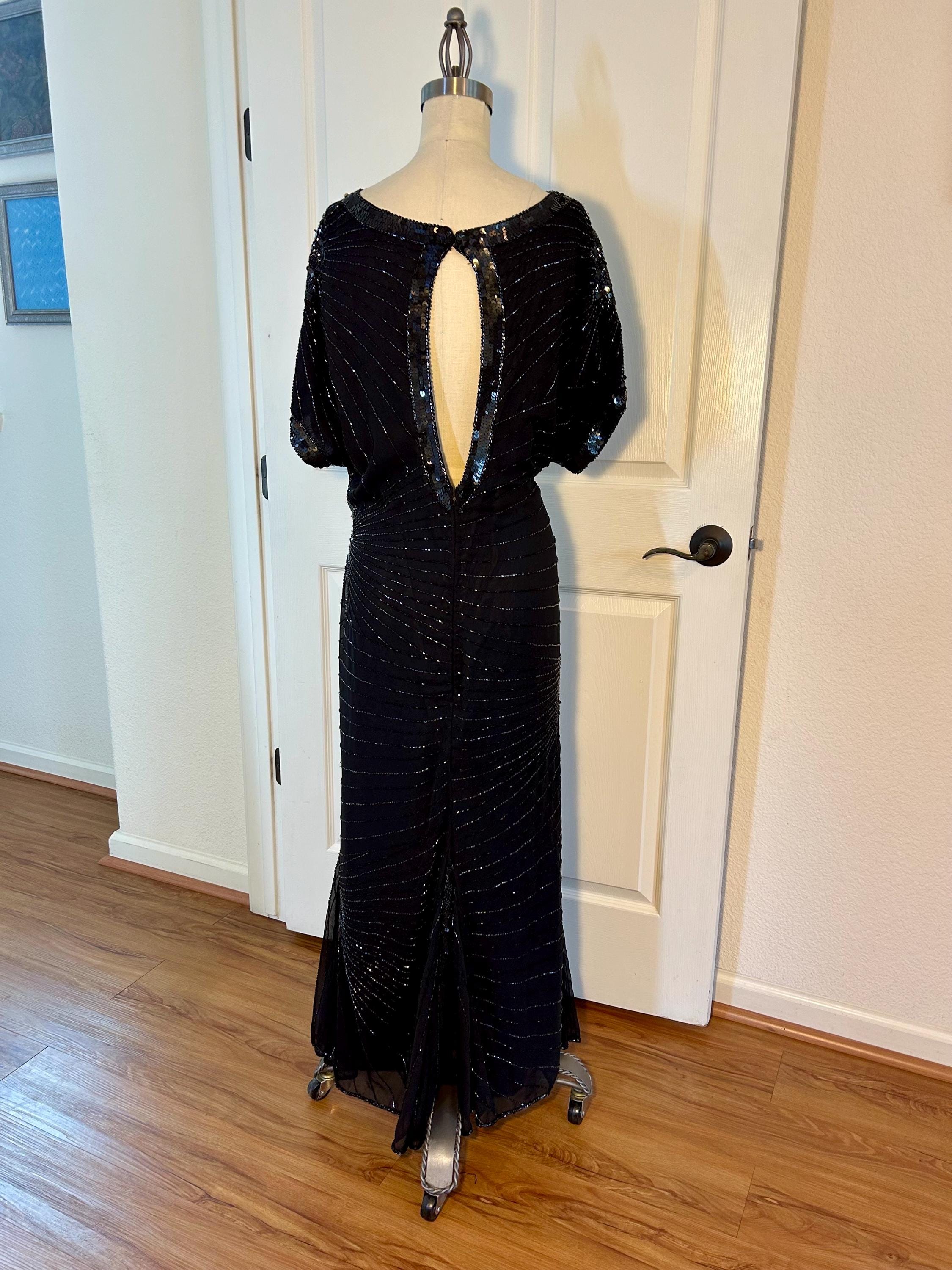 Vintage Beaded Black Gown: Backless Glamorous Long Dress, XL