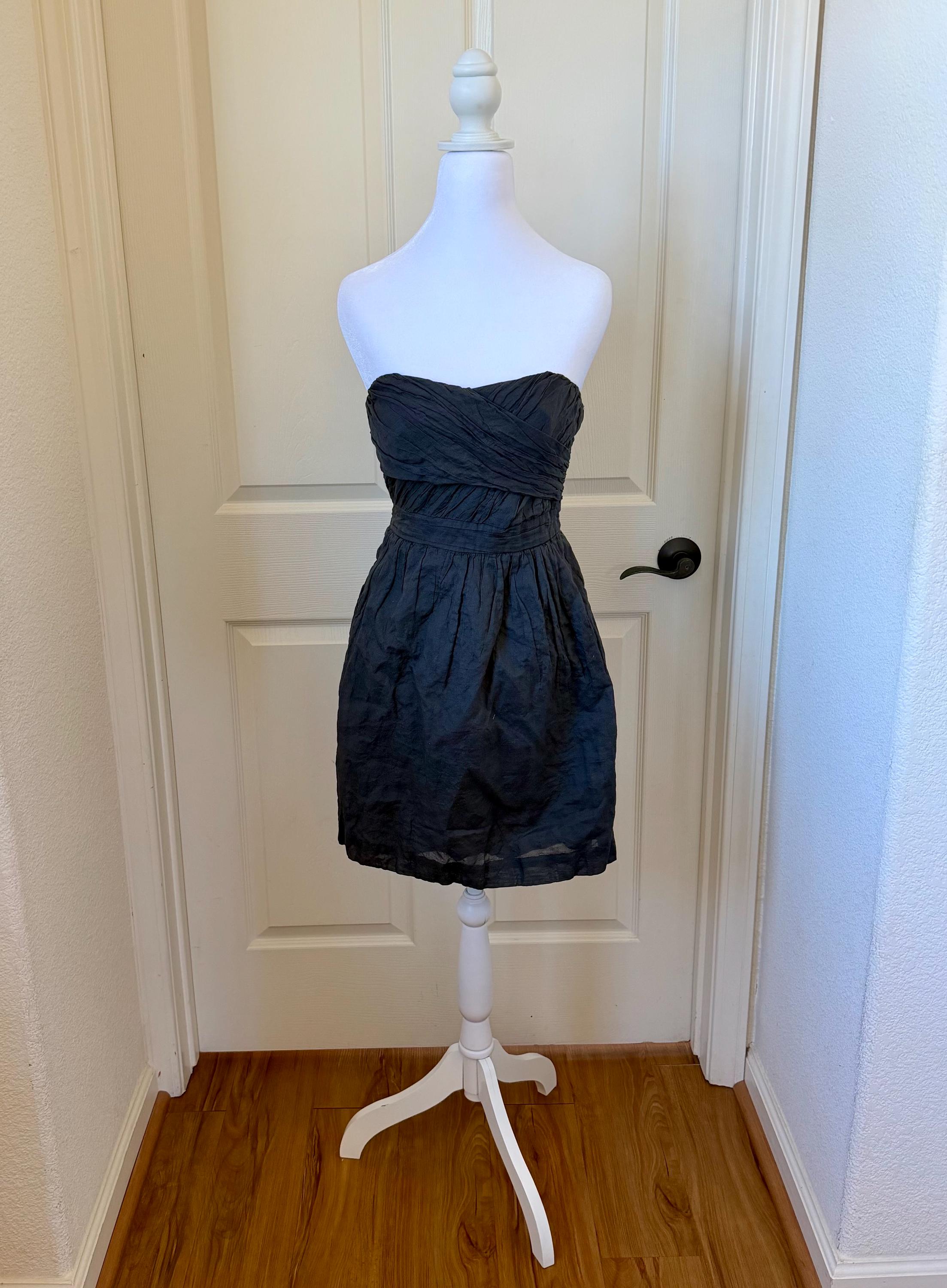 J. Crew Charcoal Gray Cotton Strapless Dress: Crinkled and Ruched, Size O